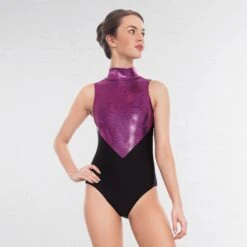 1st Position Lynn Two Tone Hologram High Neck Keyhole Leotard -Revolution Sale Store black magenta q36 bm 3 1