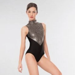1st Position Lynn Two Tone Hologram High Neck Keyhole Leotard -Revolution Sale Store black silver q36 bs 1 1