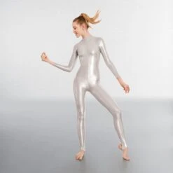 1st Position Toni Silver Long Sleeved Foil Catsuit